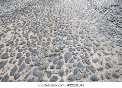 Cement Mixed Gravel Stone Floor Texture Background Perspective View, Focus On Foreground