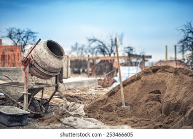 Cement Mixer Machine At Construction Site, Tools And Sand