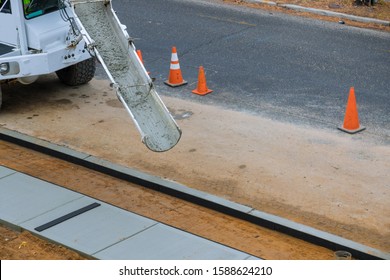 Cement Mixer Truck Transport With Pouring Concrete To Create For Walking.