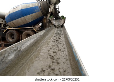 Cement Truck Pouring Wet Cement On White Background 