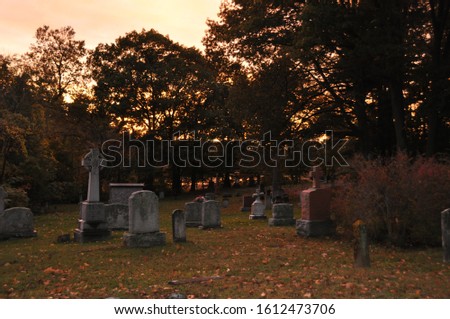 Cemetary during an orange sunset in the summer.