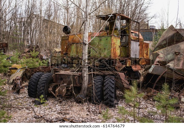 Cemetery contaminated equipment in an abandoned\
city Chernobyl