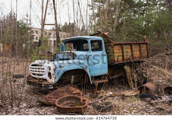 Cemetery contaminated equipment in an abandoned\
city Chernobyl