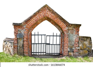 Cemetery gate made red bricks isolated white background