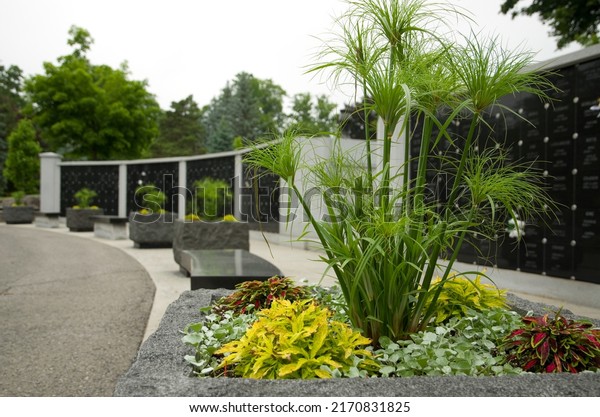 Cemetery Lockers with Flowers and Plants in\
the Foreground\
Horizontal