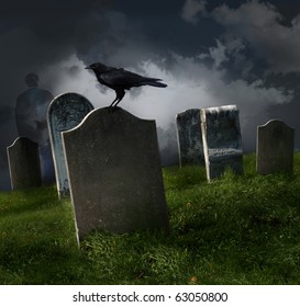 Cemetery with old gravestones and black raven