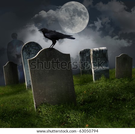 Cemetery with old gravestones, moon and black raven
