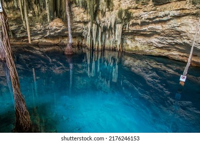 Cenote, Cavern With Underground River, Deep Blue Water, Historic Sites For Prehispanic Rituals