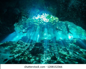 Cenote scuba diving, underwater cave in Mexico