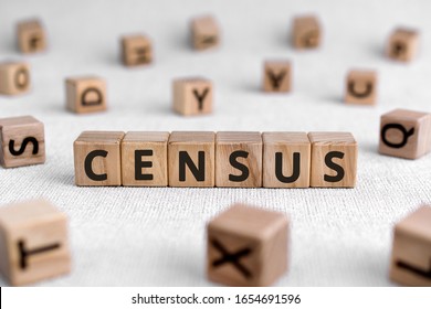 Census - Words From Wooden Blocks With Letters, Official Count Or Survey Of A Population, Census Concept, White Background