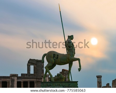Centaur statue on Square of ancient city Pompeii at sunset, Naples, Italy
