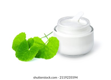 Centella Asiatica Leaves (gotu Kola, Indian Pennywort Leaf) With Cosmetic Beauty Skin Care Cream In Glass Jar Isolated On White Background.