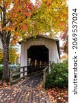 Centennial Covered Bridge in Downtown Cottage Grove Oregon With Autumn Foliage