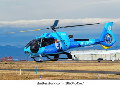 CENTENNIAL, USA-OCT 17: Reach Air Medical Services Helicopter Lands On October 17, 2020 At Centennial Airport Near Denver, Colorado. This Airport Is One Of The Busiest General Aviation Airports In US