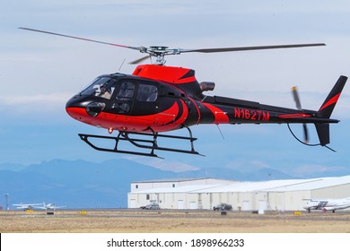 CENTENNIAL, USA-OCT 17: Saberair Helicopter Lands On October 17, 2020 At Centennial Airport Near Denver, Colorado. This Airport Is One Of The Busiest General Aviation Airports In USA