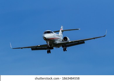 CENTENNIAL, USA-OCTOBER 17: Raytheon Hawker Airplane Flies On October 17, 2020 At Centennial Airport Near Denver, Colorado. This Airport Is One Of The Busiest General Aviation Airports In The US.