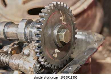 Center Frame Camshaft Sprocket And Overhead Camshaft And Rocker Arm Of Car Engine