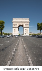 Centered Front Facade View Of The Iconic Arc De Triomphe Monument On Champs Elysees Avenue On A Clear Sunny, Blue Sky Day In Paris, France. Vertical Copy Space