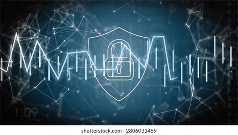 Centered shield steady in security, nodes glowing causing waveform spikes crossing it monitoring. Padlock, cyber, network, telemetry, metrics, branding, digital