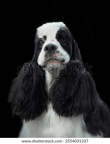 A centered view of an American Cocker Spaniel with a dark background, highlighting the dog refined black and white coat. The long ears and dignified expression add to the portrait's elegance.