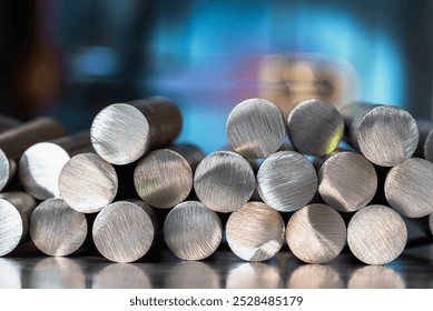 Centered view, stack of steel rods in a factory, a product of the metallurgical industry