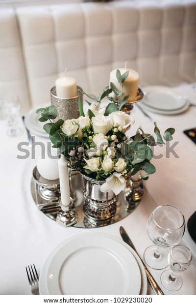 Centerpiece Made Silver Tray Vase Roses Stock Photo Edit Now