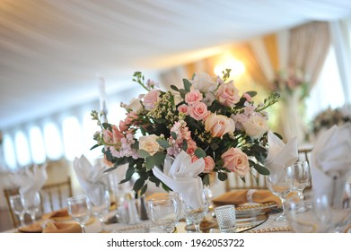 Centerpiece For Wedding Receptions In Blush Rose, Fresh Eucalyptus Silver Dollar Leaf
