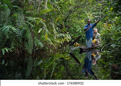 CENTRAL AFRICA JUNGLE, CONGO, AFRICA - SEPTEMBER 30, 2013 : White tourist photographer travels on a pirogue on the jungle of the central Africa. In 30 september, Congo Brazzaville, Africa