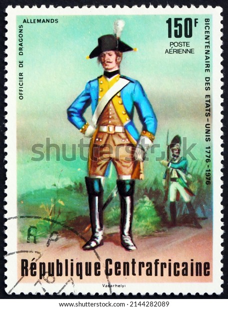 CENTRAL AFRICAN REPUBLIC - CIRCA 1976: a stamp\
printed in Central African Republic shows German dragoon, military\
uniform, circa 1976