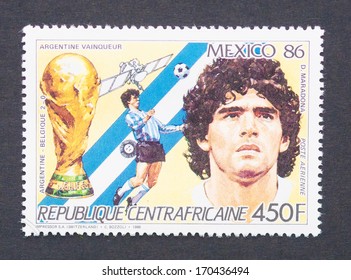 CENTRAL AFRICAN REPUBLIC - CIRCA 1986: A Postage Stamp Printed In Central African Republic Showing An Image Of Diego Armando Maradona, Circa 1986. 