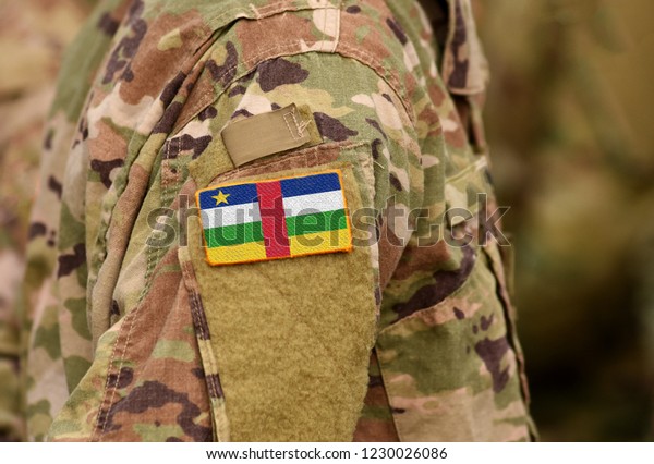 Central African Republic flag on\
soldiers arm. Central African Republic troops\
(collage)