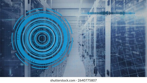 Central aisle extending through data center with server racks and floating HUD and code overlays. Technology, data, cybersecurity, innovation, digital, infrastructure, networks