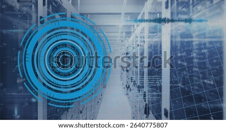 Central aisle extending through data center with server racks and floating HUD and code overlays. Technology, data, cybersecurity, innovation, digital, infrastructure, networks