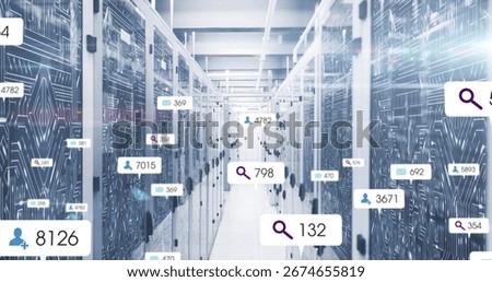 Central aisle running through data center, showing illuminated server racks and overlay widgets. Technology, cybersecurity, automation, innovation, data, infrastructure, digital