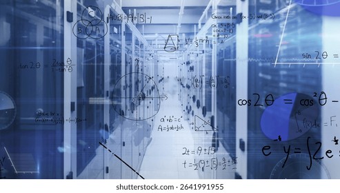 Central aisle showing raised floor in data center, with server racks, LED lights and network cables. Technology, infrastructure, cybersecurity, futuristic, digital, networking, industrial