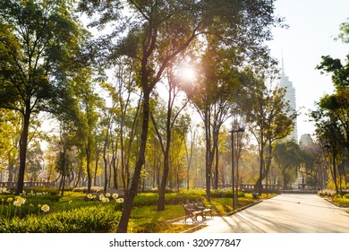 Central Alameda Park Morning In Mexico City In Morning Sunlight