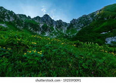 Central Alps Mountain Peak With Meadows, Flowers, Clouds And Blue Sky In Nagano, Japan