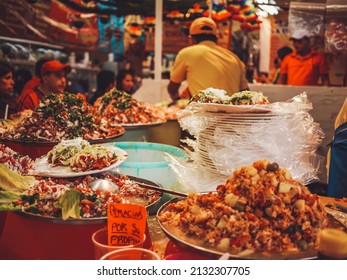 Central America Mexico Capital Mexico City Coyoacán Market Mercado Tacos Tostadas Food Stall.