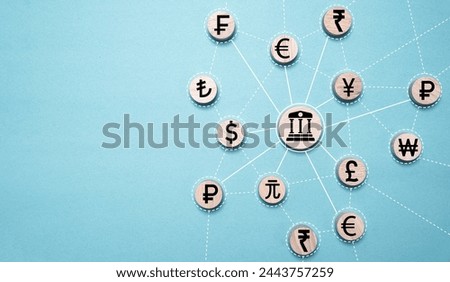 Central bank icon linkage connection with currency symbol include Dollar Euro Yuan Yen Pound sterling Ruble Rupee for currency exchange and money transfer concept.
