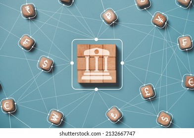 Central banking icon connect linkage with currency sign include US dollar Euro Yen Yuan and pound sterling for global money exchange and transfer or forex concept.