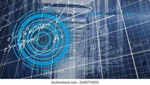 Central blue concentric circles floating on grid overlay in blurred corridor, with white formulas. Futuristic, technology, data, visualization, architecture, abstract, digital