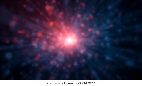 A central bright red light source emits radiating beams of light surrounded by floating hexagonal bokeh particles against a dark blue background