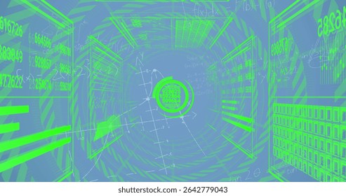 Central circular data hub emitting rings in digital tunnel, with numeric sequences and spiral lines. Futuristic, cyber, technology, digital, abstract, network, innovation