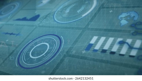 Central circular HUD ring floating over grid in data analytics console, with alphanumeric overlay. Futuristic, immersive, high-tech, digital, visualization, data, interface