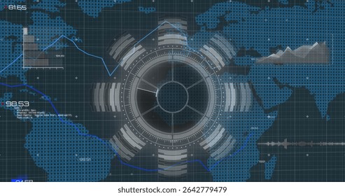 Central circular HUD rotating in digital interface, showing data graphics and readouts on grid map. Technology, visualization, analytics, futurism, innovation, intelligence, monitors
