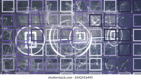 Central circular HUD showing user icon in data interface with purple grid, white nodes and lines. Futuristic, digital, technology, connectivity, innovation, interface, network - Powered by Shutterstock - Get 15% off with code: PIKWIZARD15