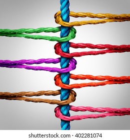 Central Connection Business Concept As A Group Of Diverse Ropes Connected To A Central Rope As A Network Metaphor For Connectivity And Linking To A Centralized Support Structure.