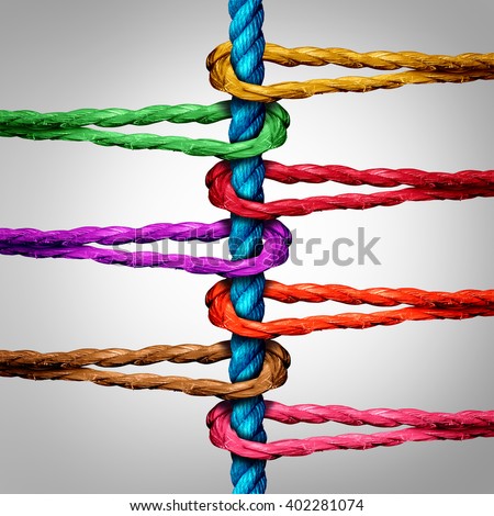 Central connection business concept as a group of diverse ropes connected to a central rope as a network metaphor for connectivity and linking to a centralized support structure.
