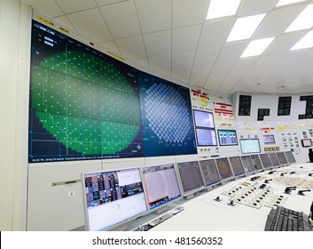 The central control room of nuclear power plant. Fragment of nuclear reactor control panel.