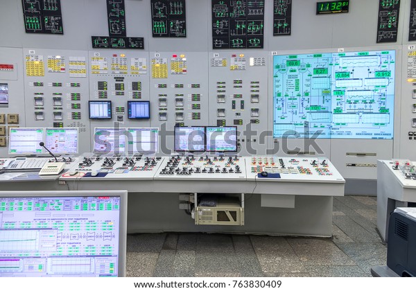 The central control room of\
nuclear power plant. Fragment of nuclear reactor control\
panel.